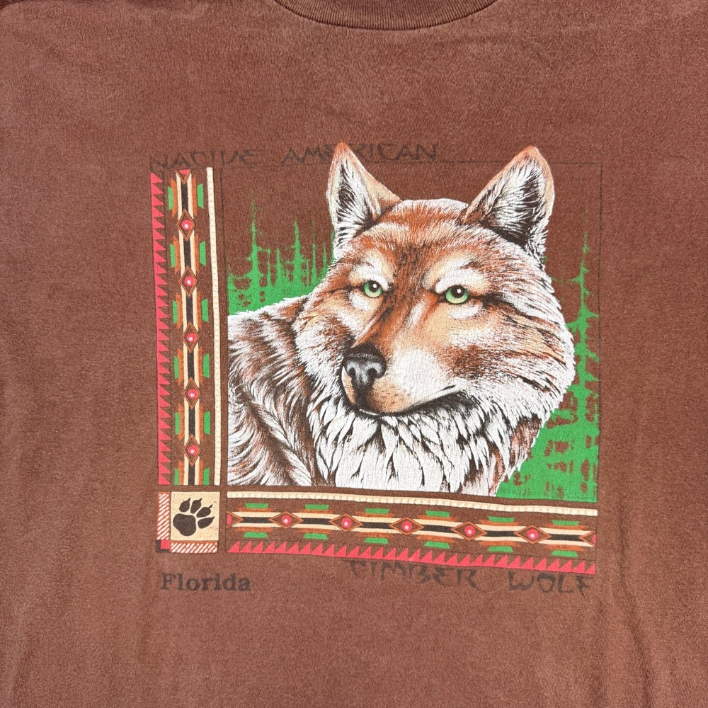 Vintage Mens XXL T-Shirt Brown Timber Wolf Native American Florida Shirt USA - Picture 2 of 8